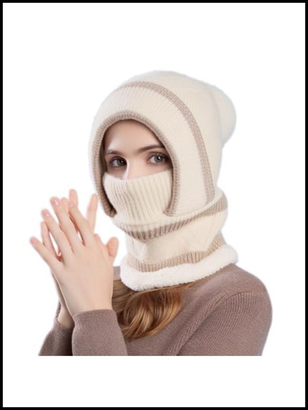 Winter Knit Beanie Fleece Lined Balaclava with Mask Hooded Scarf